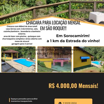 Chácara para locação mensal em São Roque!